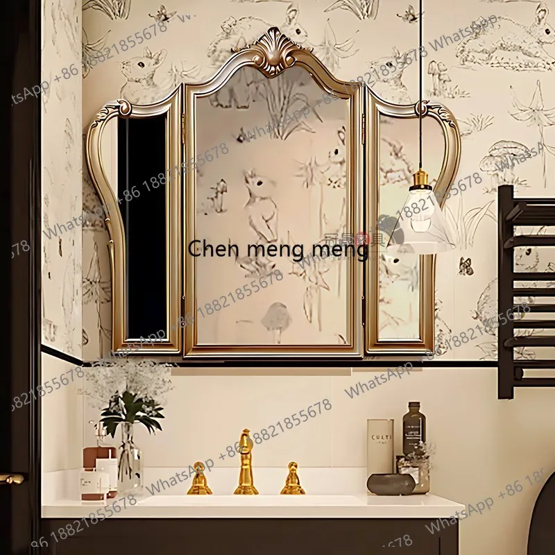 European retro makeup mirror, wall-mounted carved tri-fold mirror desktop folding