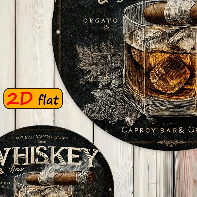 2D Flat, Vintage Whiskey & Cigar Wall Plaque - Round Aluminum Sign Suitable for Whiskey Decanters & Cigar Displays, Elegant