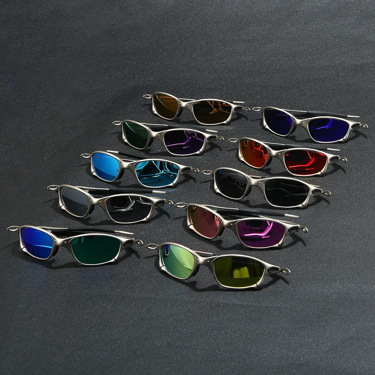 Silver-framed polarized sunglasses with metallic futuristic style for outdoor sports, trendy cycling, UV protection.