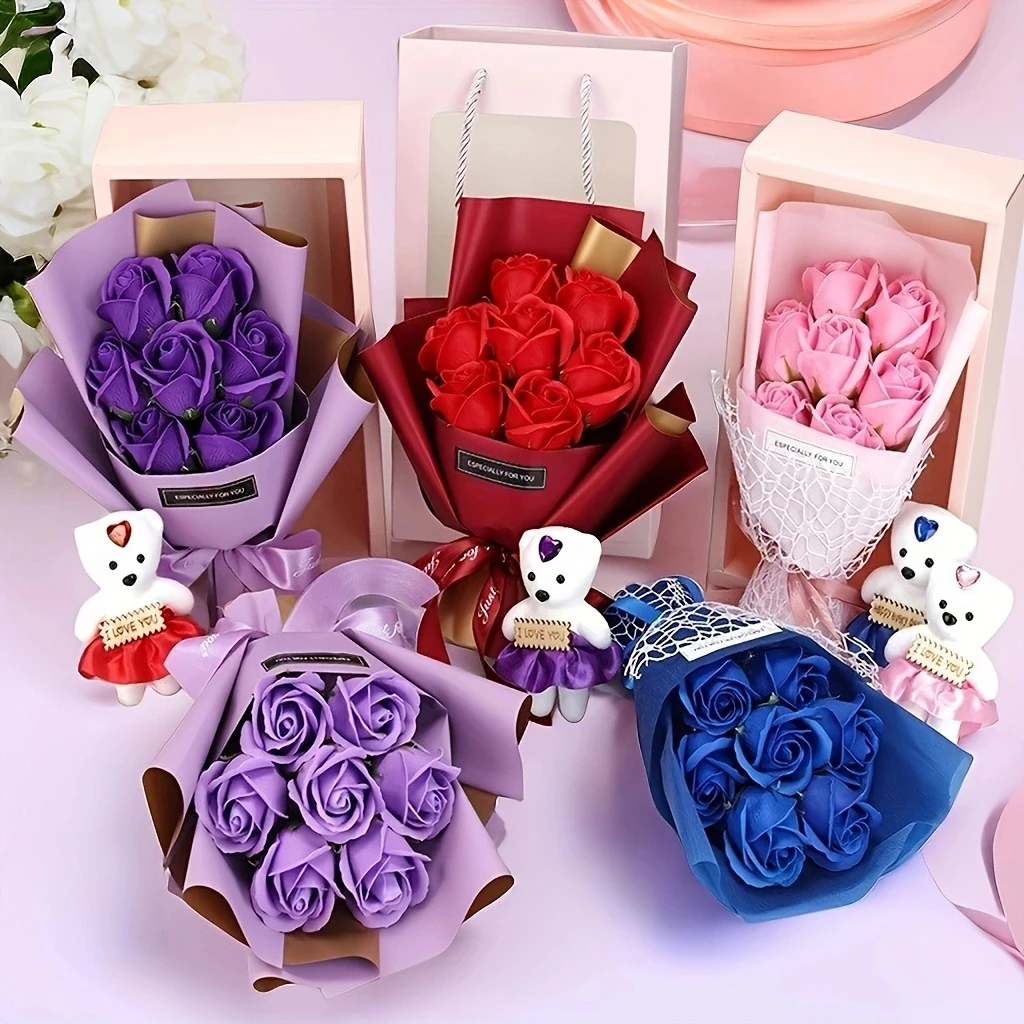 

7 simulation flowers+teddy bear gift box, rose simulation flower, rose immortality flower, advanced simulation flower gift box,