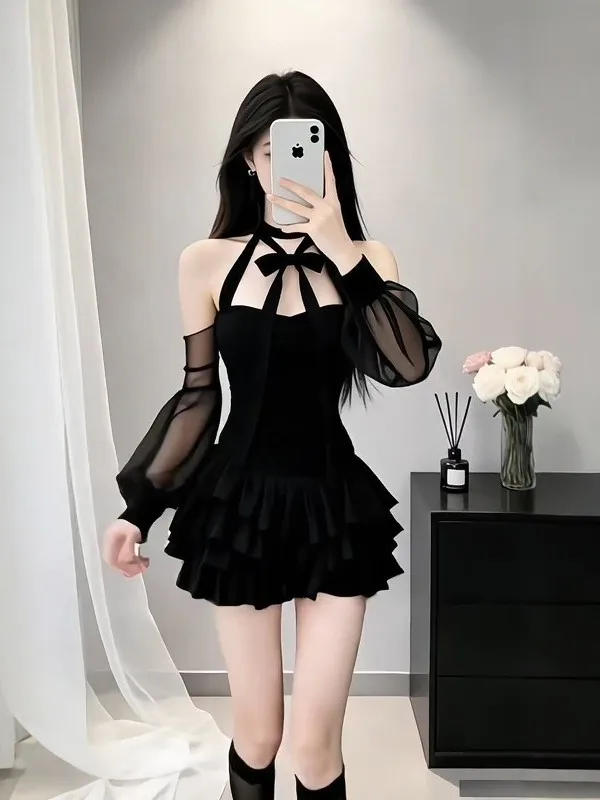 

Черное женское осенне-зимнее платье с открытыми плечами, длинными рукавами, приталенное, пышное, короткое, с юбкой А-силуэта во французском стиле