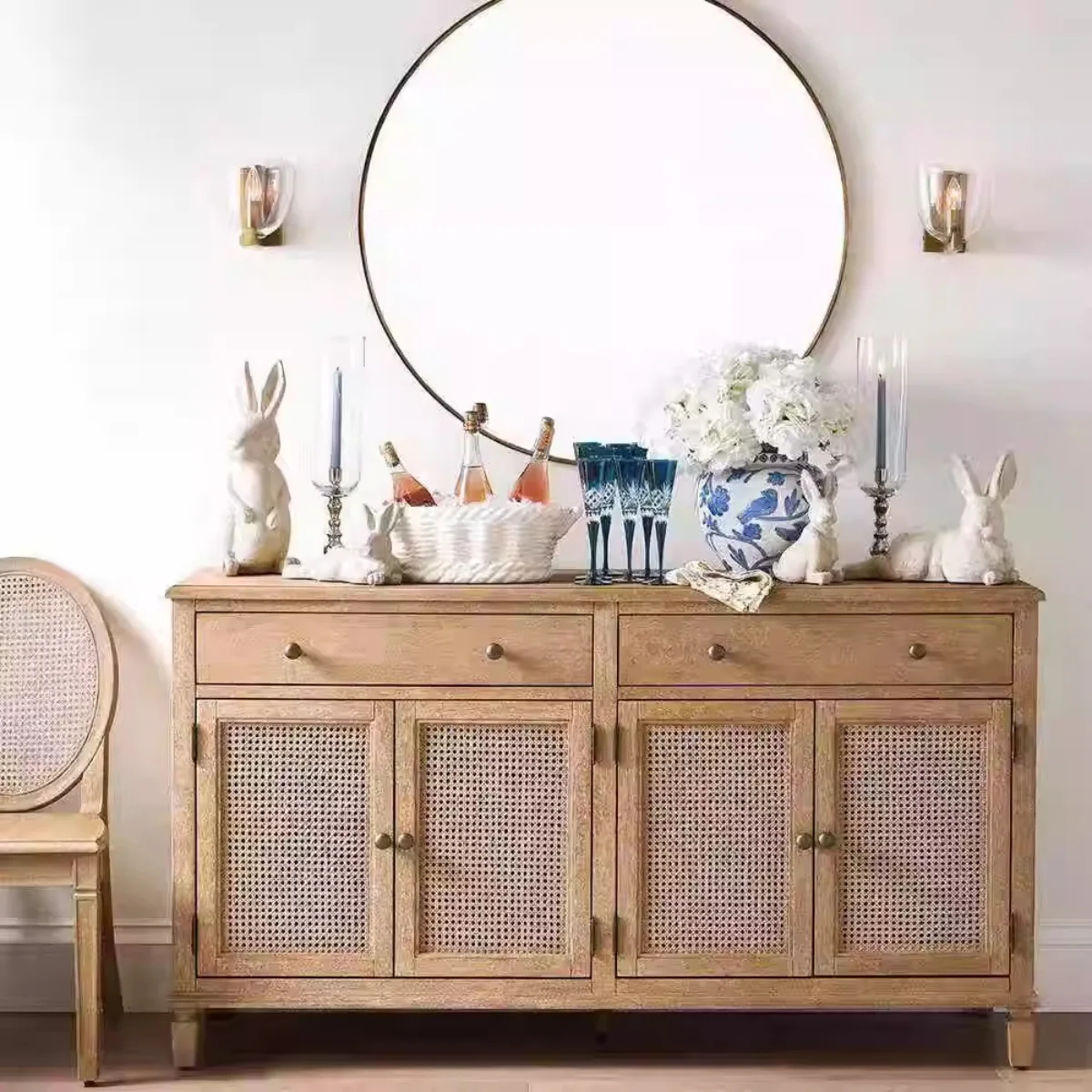 

American country solid wood, side cabinet, retro style, bedroom, natural rattan