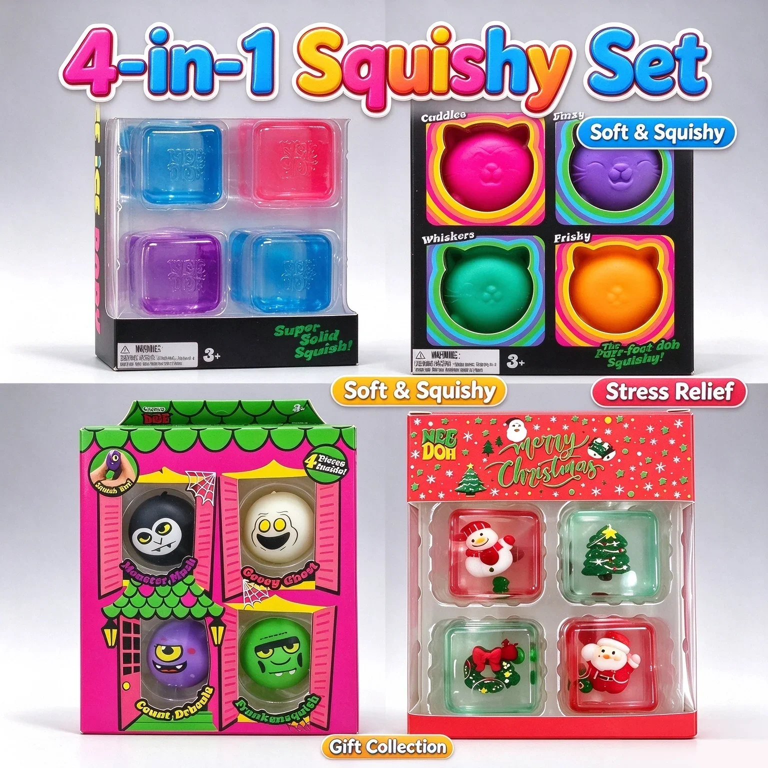 4-piece NeeDoh Nice Cube Soft Rubber Squeezing Stress Relieving Block Sensory Pinching Toy Anxiety Artifact