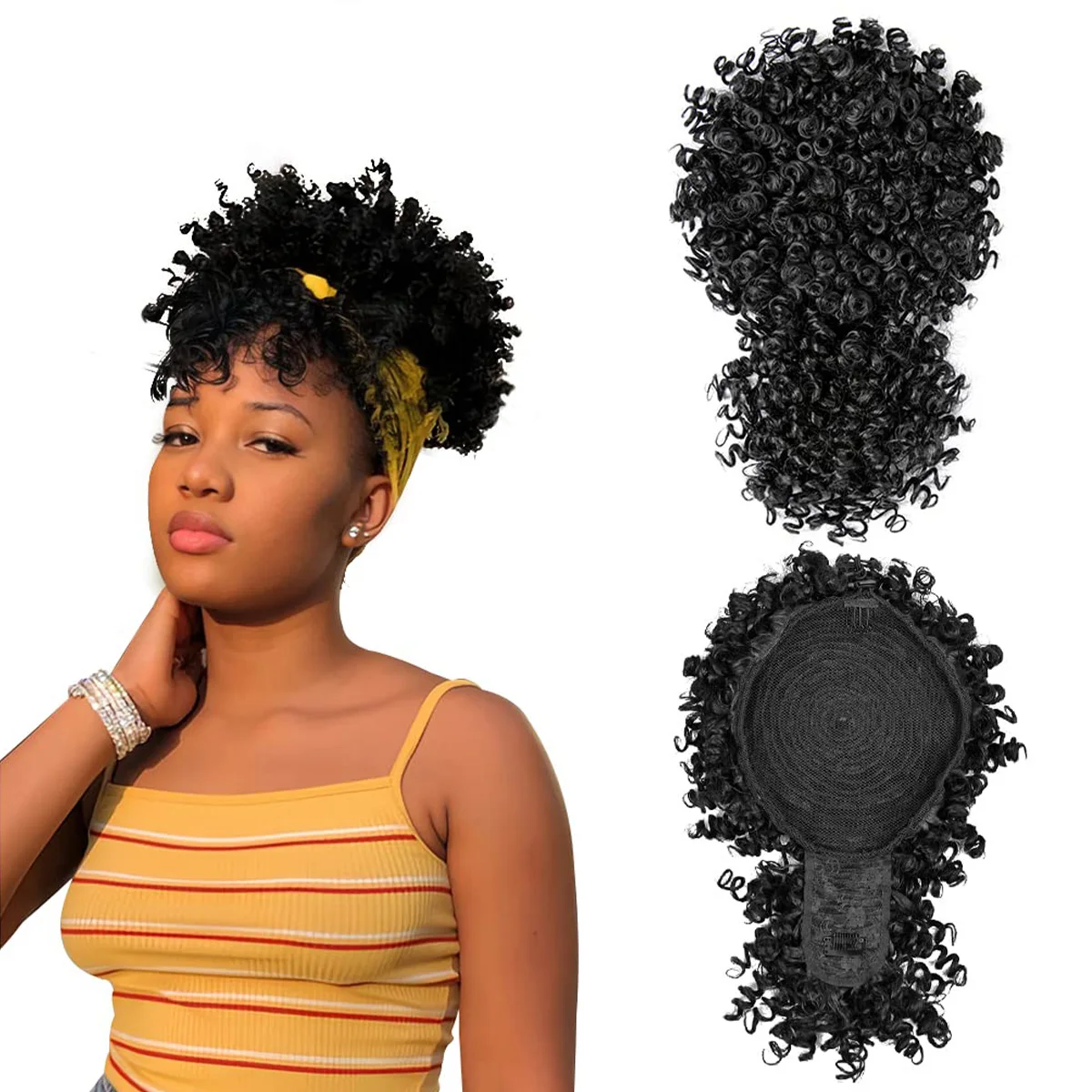 

Afro Puff Synthetic Drawstring Ponytail with Bangs Pineapple Updo Hair for Black Women, Short Kinky Curly Ponytail Bun (1B)