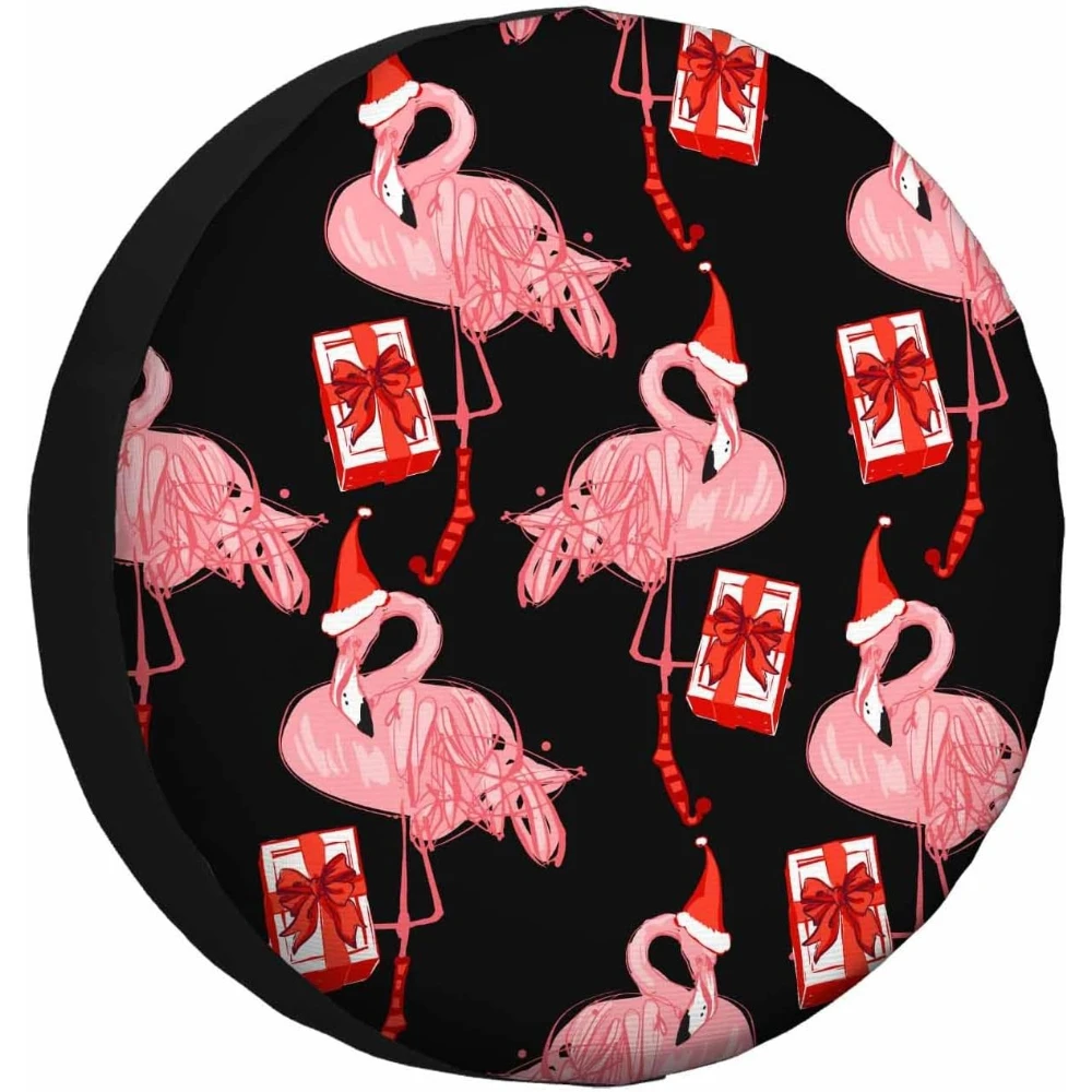 New Year Flamingo Spare Tire Cover Christmas Tropical Pattern with Present and Santa Hat Weatherproof Universal Wheel Protector