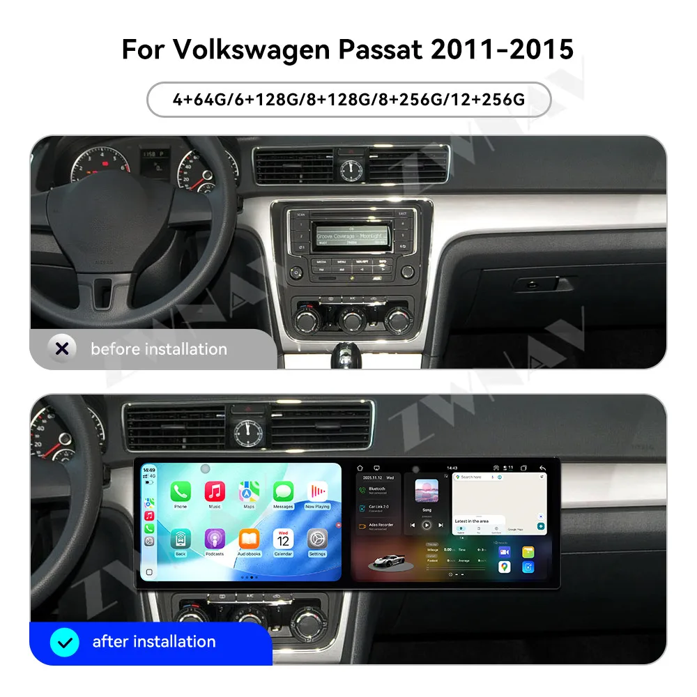 10.1+10.1 Inch Touch Screen Carplay Car Radio For Volkswagen Passat 2011-2015 Android 15 GPS Navigation Car Multimedia Player