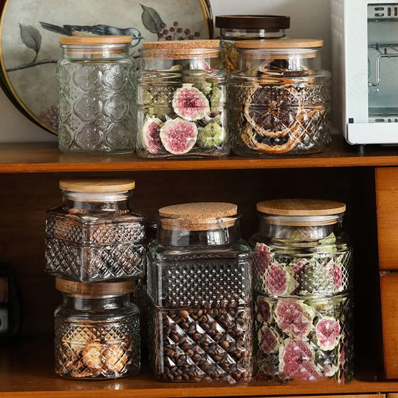 Seal Glass Storage Jar with Lid Hand Embossed Flowers Decorative Kitchen Cereal Dispenser Home Coffee Table Desktop Tea Canister