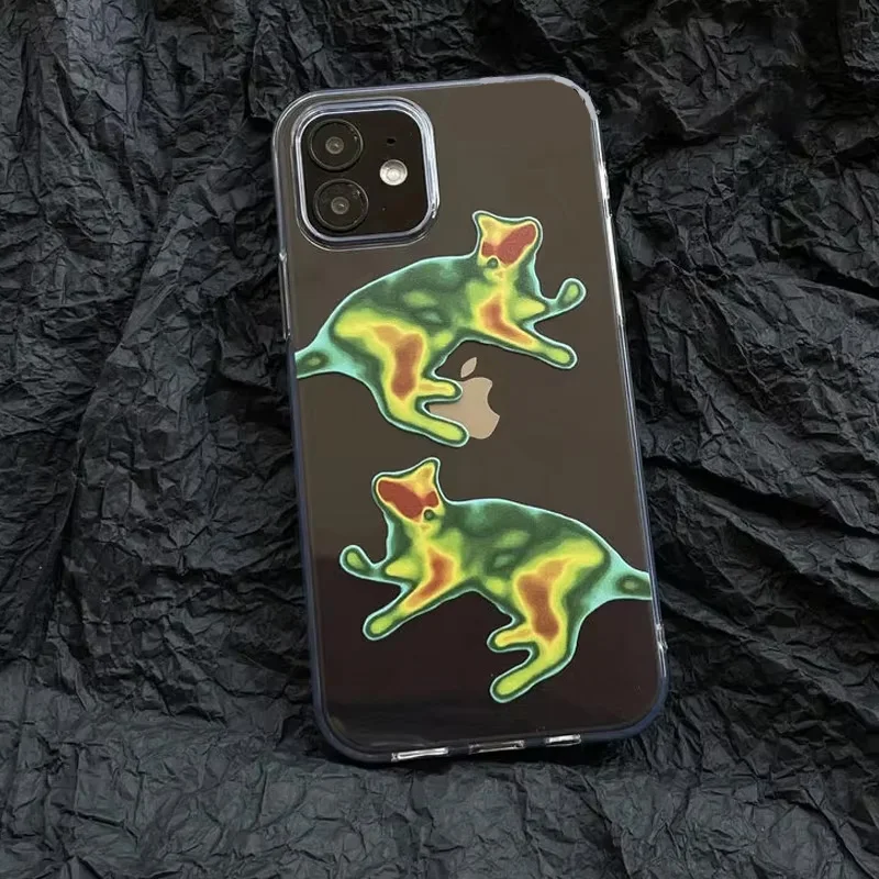 Punk Fluorescent Cat Cute Phone Case For iPhone 16 15 14 13 12 11 Pro Max XR XS Max 7 8 Plus MINI Y2K Korean Creative Cool Cover