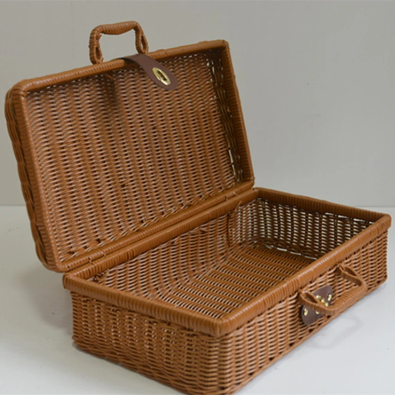 Retro PP Rattan Wicker Suitcase Picnic Storage Basket with H Gift Box Woven Cosmetic Organizer Vintage Travel Case