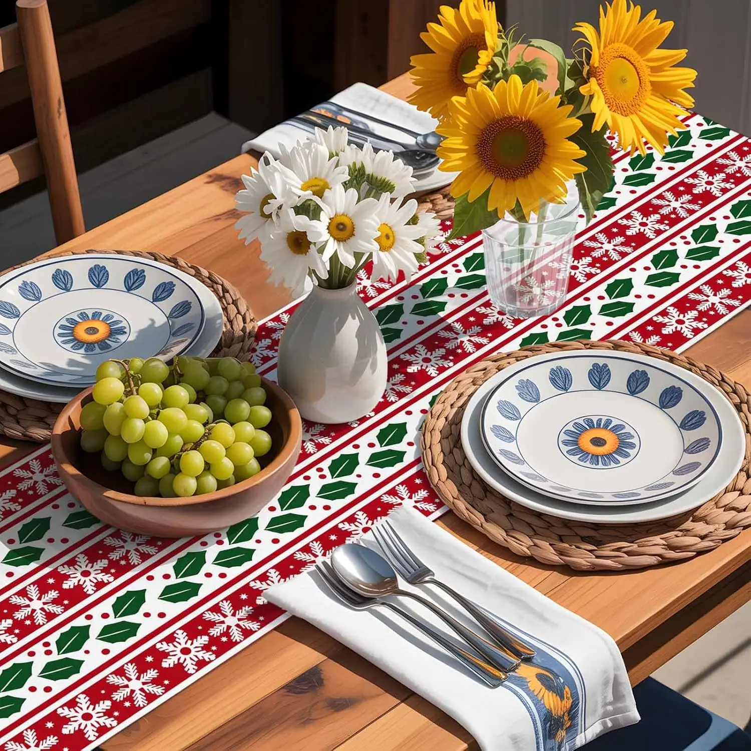 Christmas Snowflake Berry Leaf Linen Table Runner Party Decor Winter Holiday Kitchen Dining Table Runner Christmas Decorations