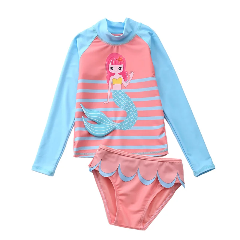 HappyFlute 2 Pieces Set Ins Style Split  Cartoon Long-sleeve Sun Protection Small Big Girl Swimsuit