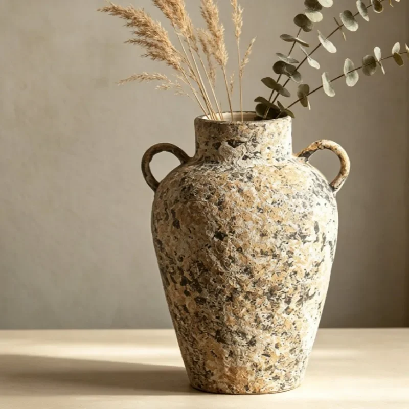 Ceramic Vase Vintage Distressed Planter Double-Ear Design Flower Pots Plant Pot Home Decoration Room Garden Accessories Gift