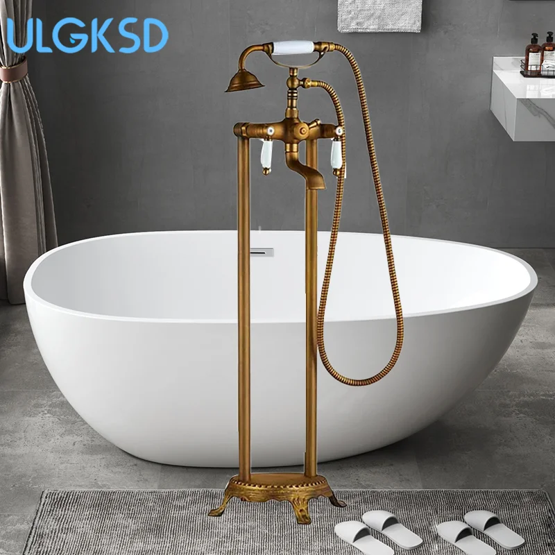 Floor Standing Double Tube Double Handle Bathtub Faucet Set for Bathroom With Rainfall Handshower Tub Faucet Freestanding Crane