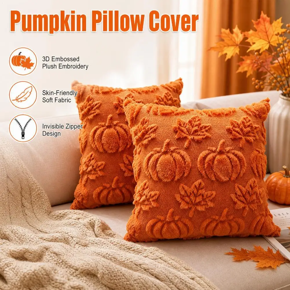 Halloween Pumpkin Throw Pillow Cover Tufted Plush Cushion Case Orange Maple Leaf Fall Thanksgiving Harvest Sofa Decor Bed