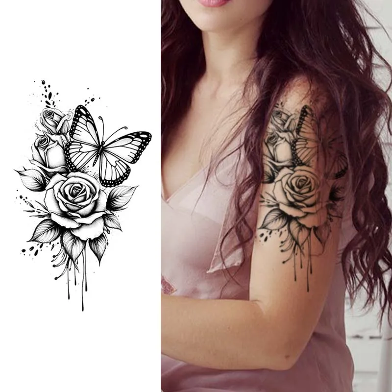 

Butterfly and Rose Waterproof Temporary Tattoo for Arm and Leg, Long-Lasting, Realistic Fake Tattoo for Men and Women
