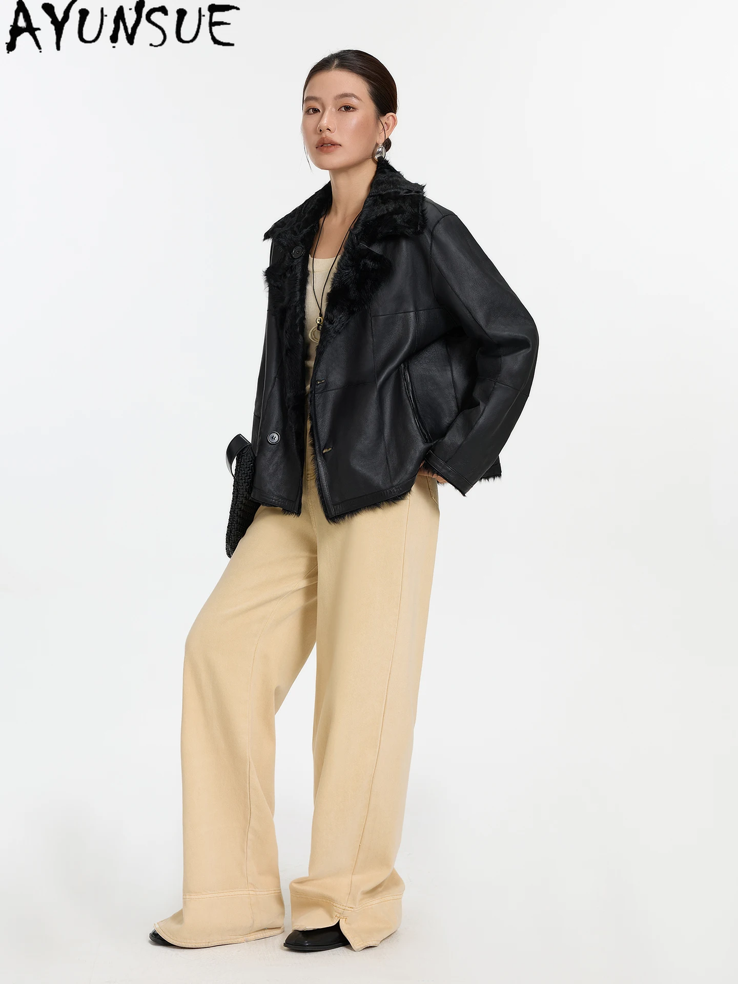 AYUNSUE manteau de fourrure de mouton naturel veste en cuir véritable femmes résistant au froid vestes de moto femme vêtements d'hiver 2025 Streetwear