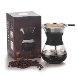 Pour Over Coffee Maker Set with Reusable Stainless Steel Filter Elegant Coffee Dripper Pot,Glass Carafe Permanent for Camping