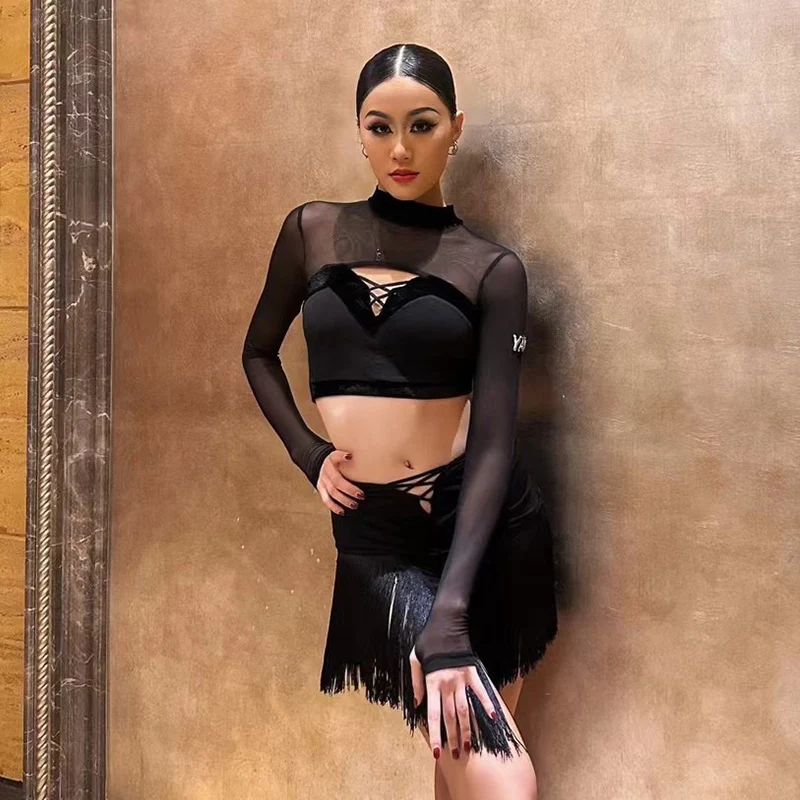 Ropa de baile latino Sexy para mujer, blusa negra de malla, falda con borlas, ropa de competición de baile latino para adultos, Ropa de práctica de baile DNV19585