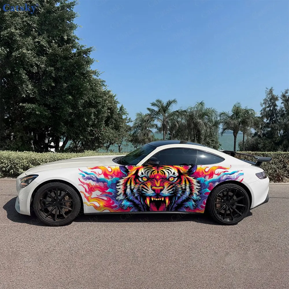 2pcs Brilliant Hue Flame Tiger Car Side Wraps, Self-Adhesive PVC Waterproof & Scratch-Resistant Stickers, Car Accessory Gift