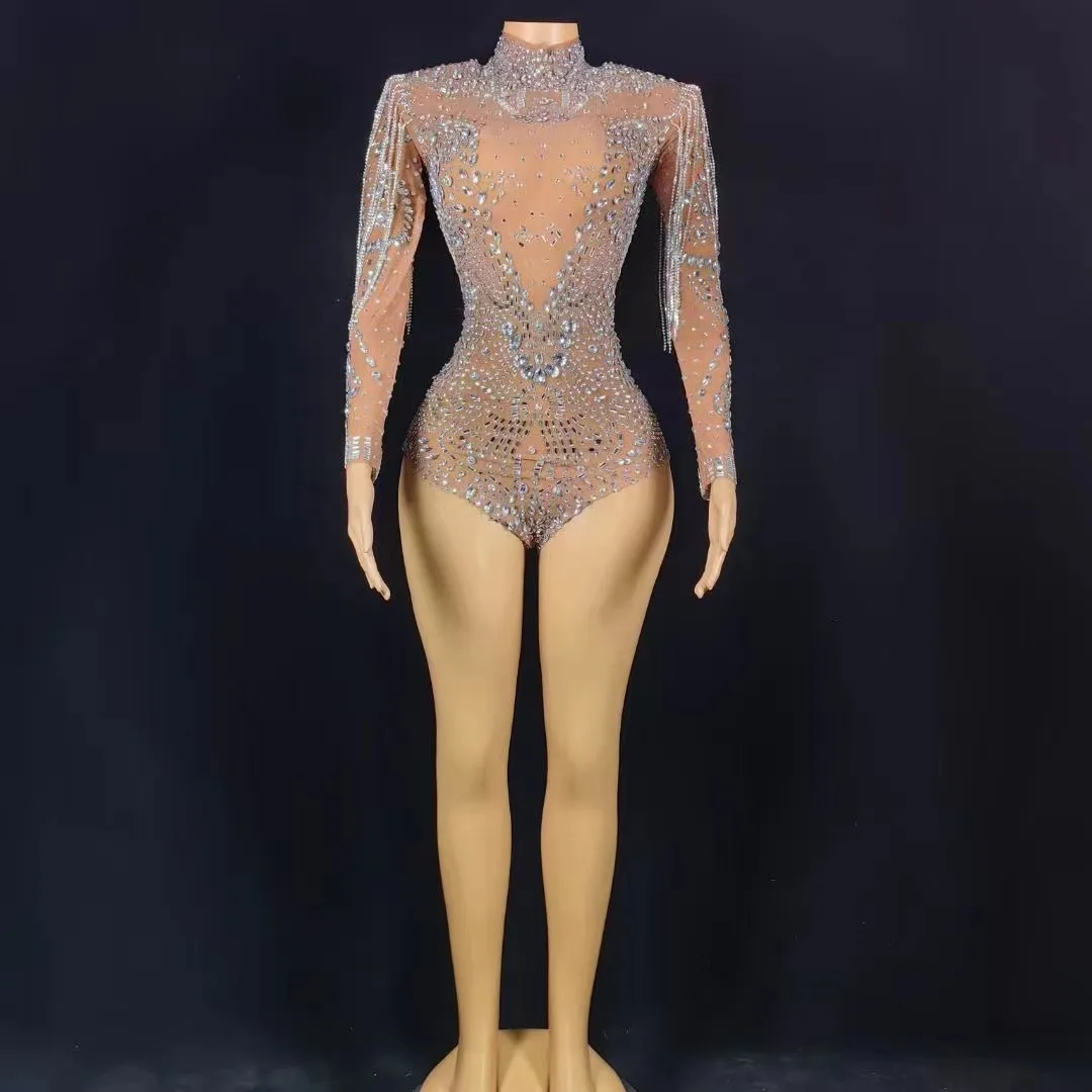 Sparkly Rhinestones Chains Long Sleeve Leotard Women Sexy Performance Dance Costume Singer Dancer Stage Wear Nightclub Outfit