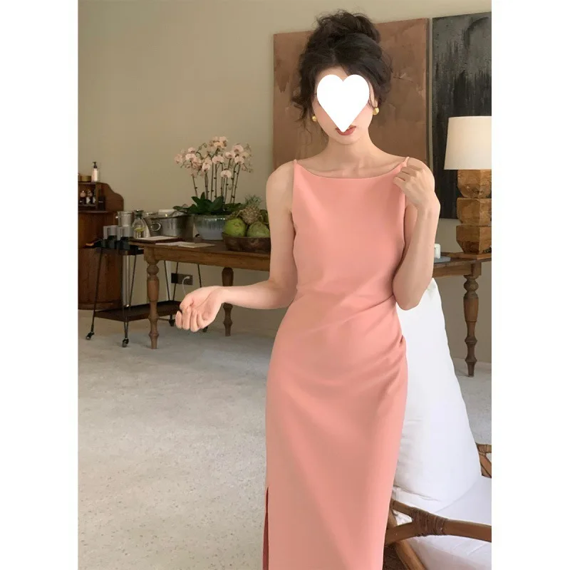 

Beautiful One-word Collar Waist Slit Dress Femininity Suspender Skirt 2025