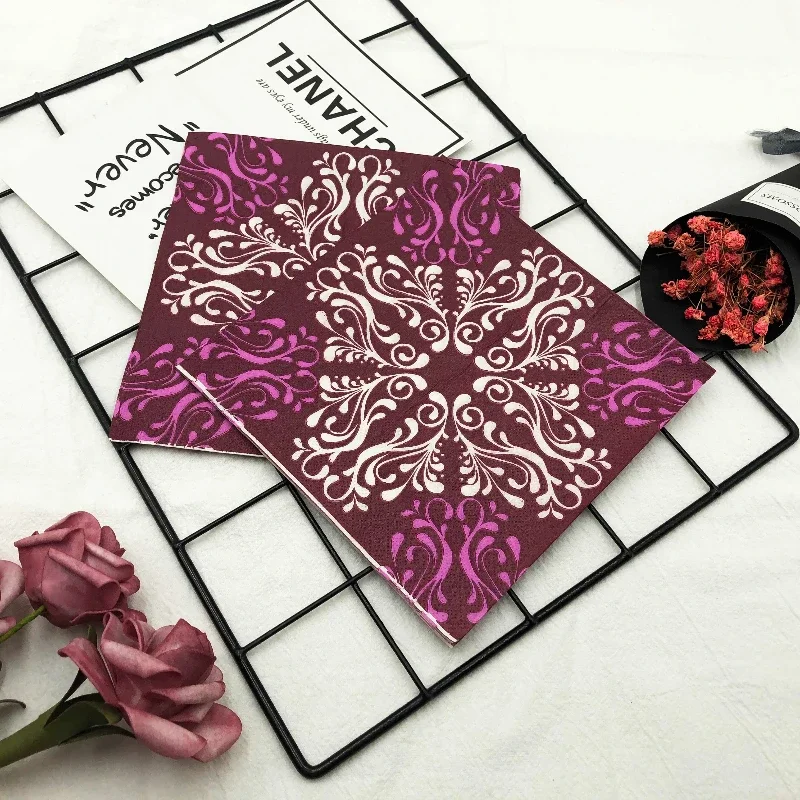 20pcs/Pac Colourful Printed Napkins Purple Flower Creative Square Paper Napkins Wedding Party Restaurant Folding Mouth Cloths