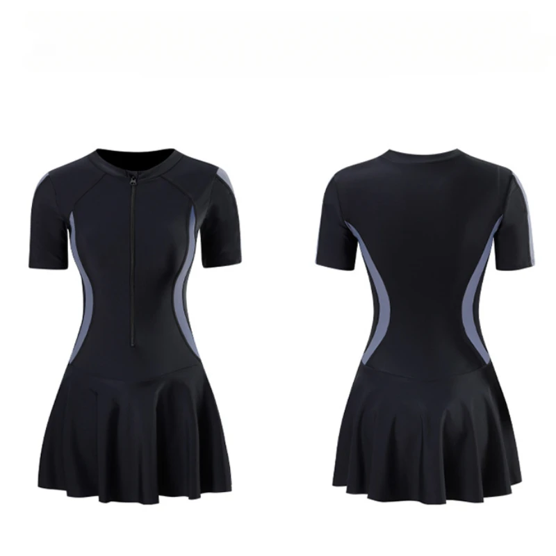 

Летний женский цельный купальный костюм, Корейская пляжная одежда с коротким рукавом и завышенной талией, юбки, спортивные Купальники для девочек-подростков