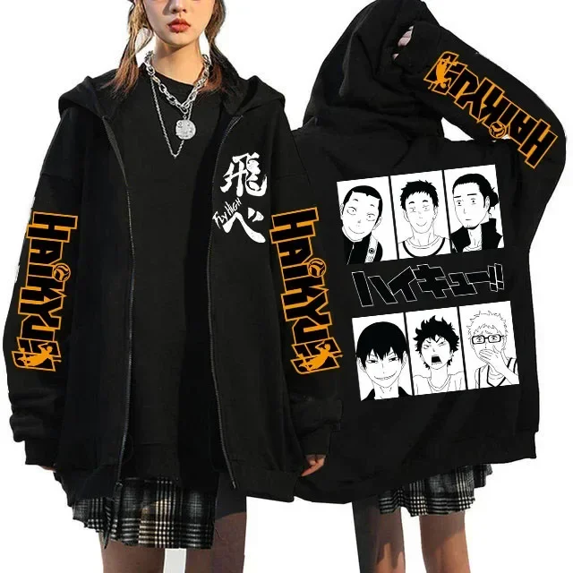 Haikyuu grafik Zippper ceketler tişörtü japon animesi Manga Y2k gotik fermuarlı kapüşonlu svetşört Karasuno Fly yüksek Harajuku Streetwear