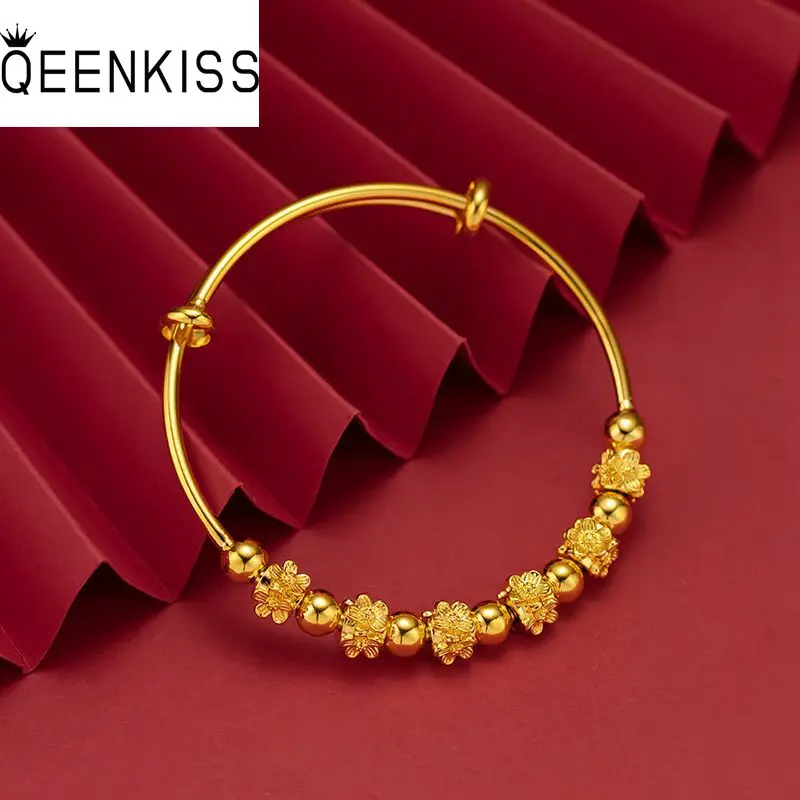 

QEENKISS 24KT Gold Flower Bracelet Bangle For Women Fine Wholesale Jewelry Wedding Party Bride Mother Ladies Girl Gift BT5284