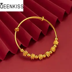QEENKISS 24KT Gold Flower Bracelet Bangle For Women Fine Wholesale Jewelry Wedding Party Bride Mother Ladies Girl Gift BT5284