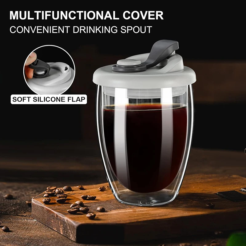 Glass Coffee Travel Mugs Double Wall Glass Cups Water Cup Silica Leak Proof Lid Reusable Insulated Tea Mug  Safe Eco Friendly