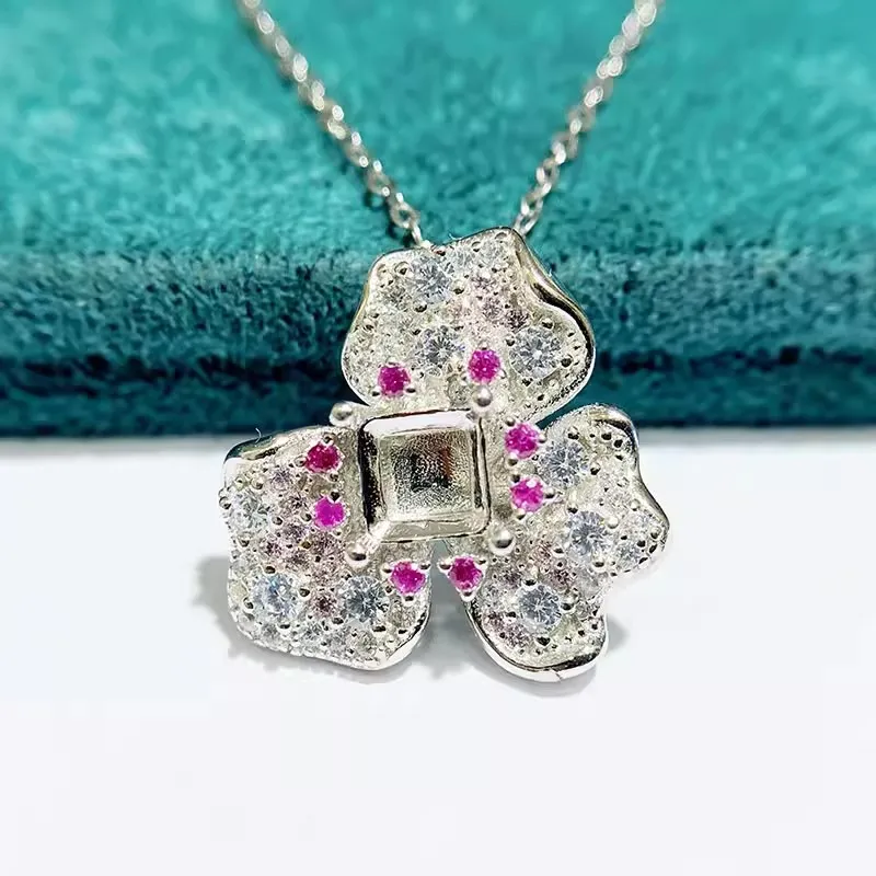 MeiBaPJ 3 Colors 5mm Square Stone DIY Genuien 925 Silver Holder Pendant Necklace Empty Fitting Fine Wedding  Jewelry for Women