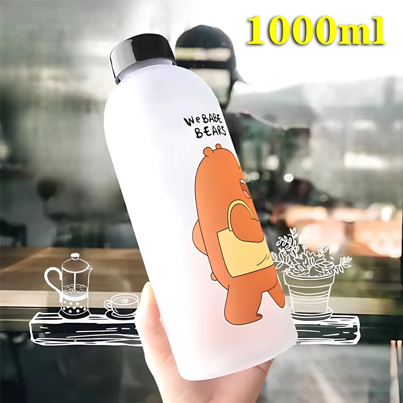 1000ml Water Bottles Cute Panda Bear Cup with Straw Transparent Cartoon Water Bottle Drinkware Frosted Leak-proof Protein Shaker