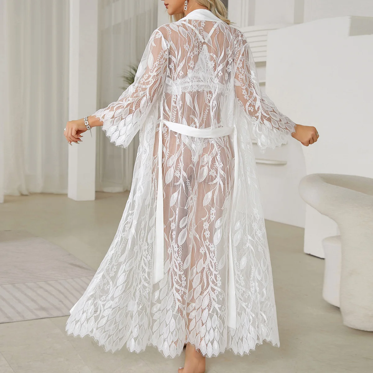 Sexy Lingerie for Woman Porn Sleepwear for Sleeping Robe Sexy Lace Patchwork Loungewear Bathrobe Cardigan See Through Pajamas