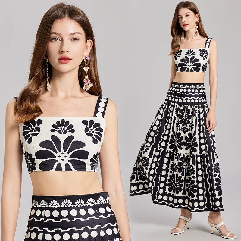 

Classic European and American style black and white printed camisole vest+high waisted skirt two-piece set summer dress