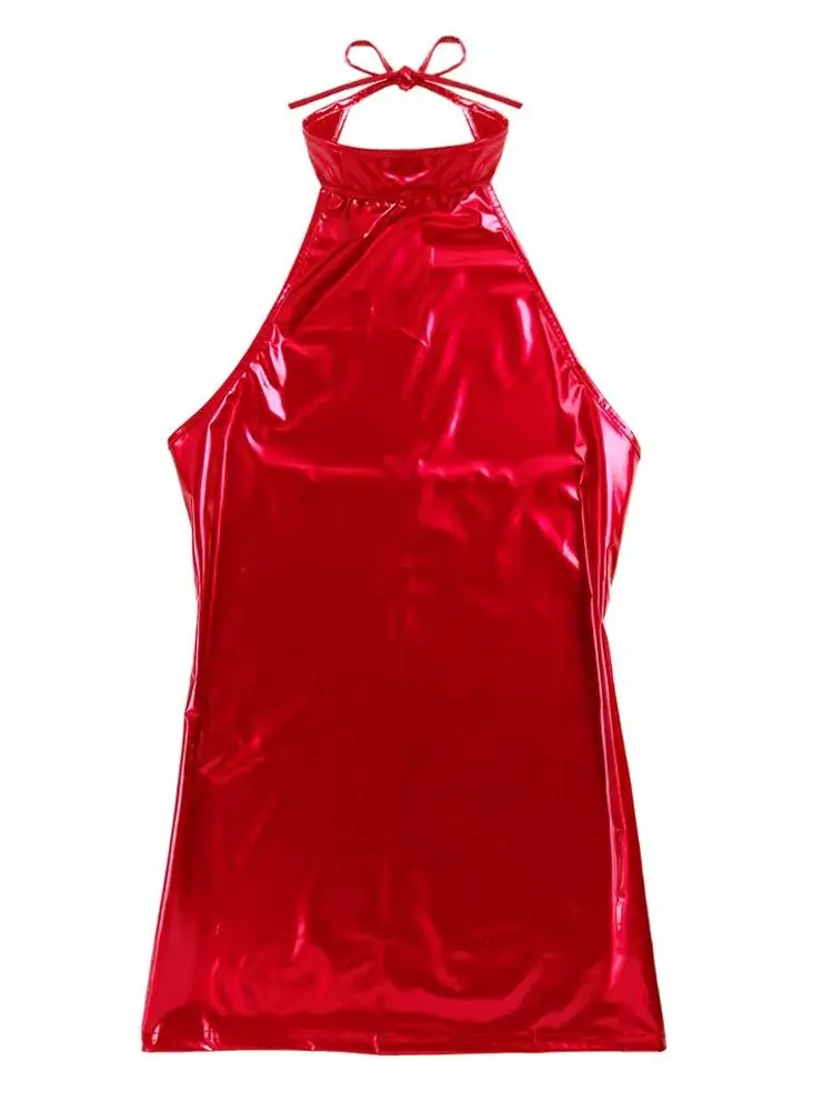 S-4XL Halter Backless Wet Look PVC Hot Dress Sleeveless Shiny PU Leather Sundress Package Hip Minifalda Sexy Vestido Clubwear