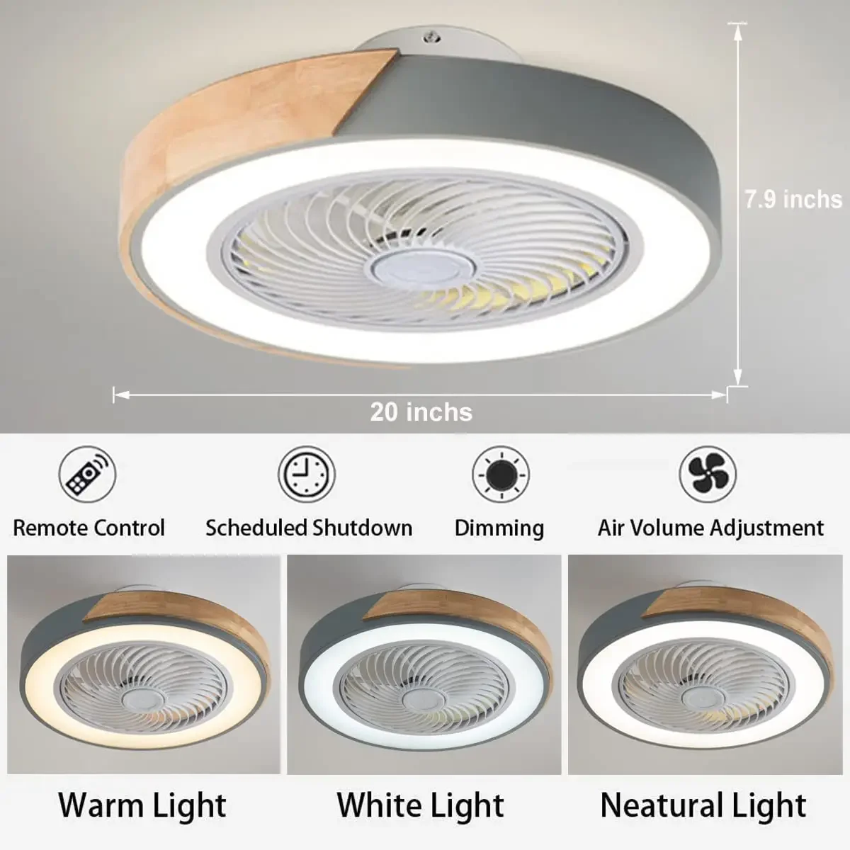 Ventilador de techo de madera de perfil bajo, lámpara LED moderna con Control remoto, regulable, temporizador de 3 colores, para interiores y niños