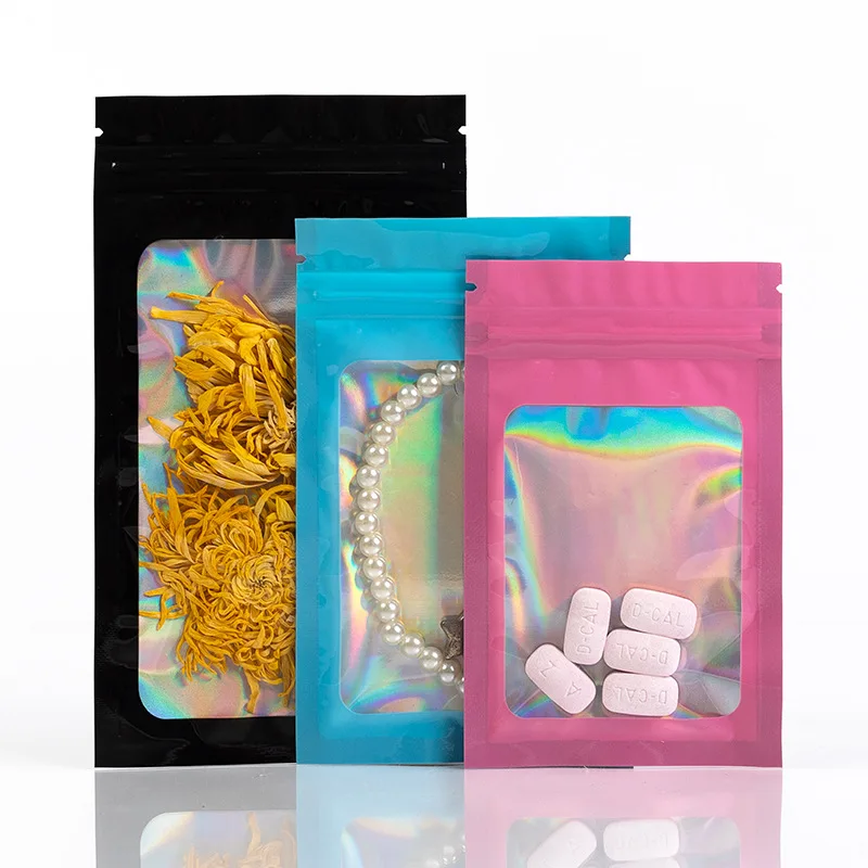 Laser Kleur Ziplock Tas Oogverblindend Glitter Kleine Sieraden Verpakking Afdichting Botzak Holografische Regenboog Aluminiumfolie Tas