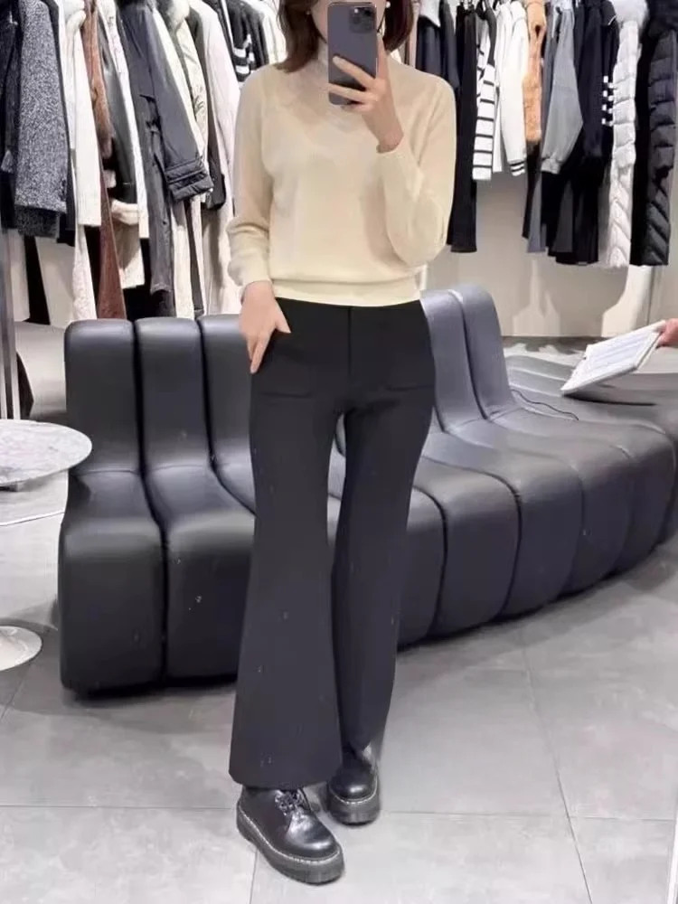 Spodnie z elastyczną gumką w pasie, ocieplane na zimę, codzienne, z wysokim stanem, proste nogawki, lekko rozszerzane, damskie, wysokiej jakości włókno poliestrowe.