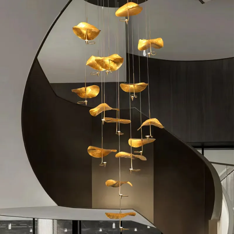 Modern Light Luxury Style Brass Color Lotus Chandelier Creative Duplex Hall Chandelier Stair  Space Led Pendant Light