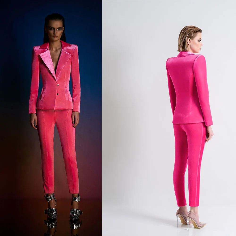

Формальные женские брючные костюмы с широкими плечами, комплект из 2 предметов, дизайнерский стиль, бархатный блейзер, классический деловой офисный женский наряд по индивидуальному заказу