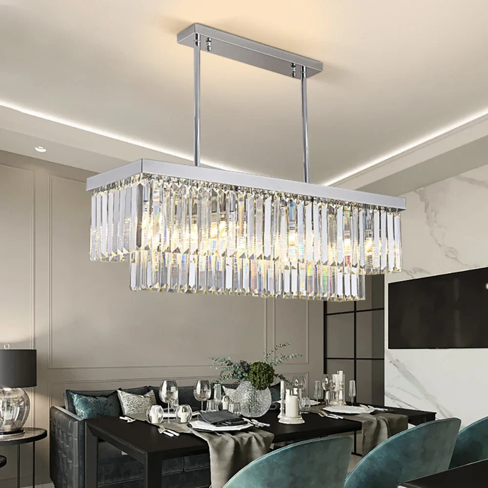 

Rectangle Chrome/Gold Chandelier For Dining Room Bedroom Led Crystal Kitchen Lustre Luxury Hanging Lamp Modern Silver Light 2025