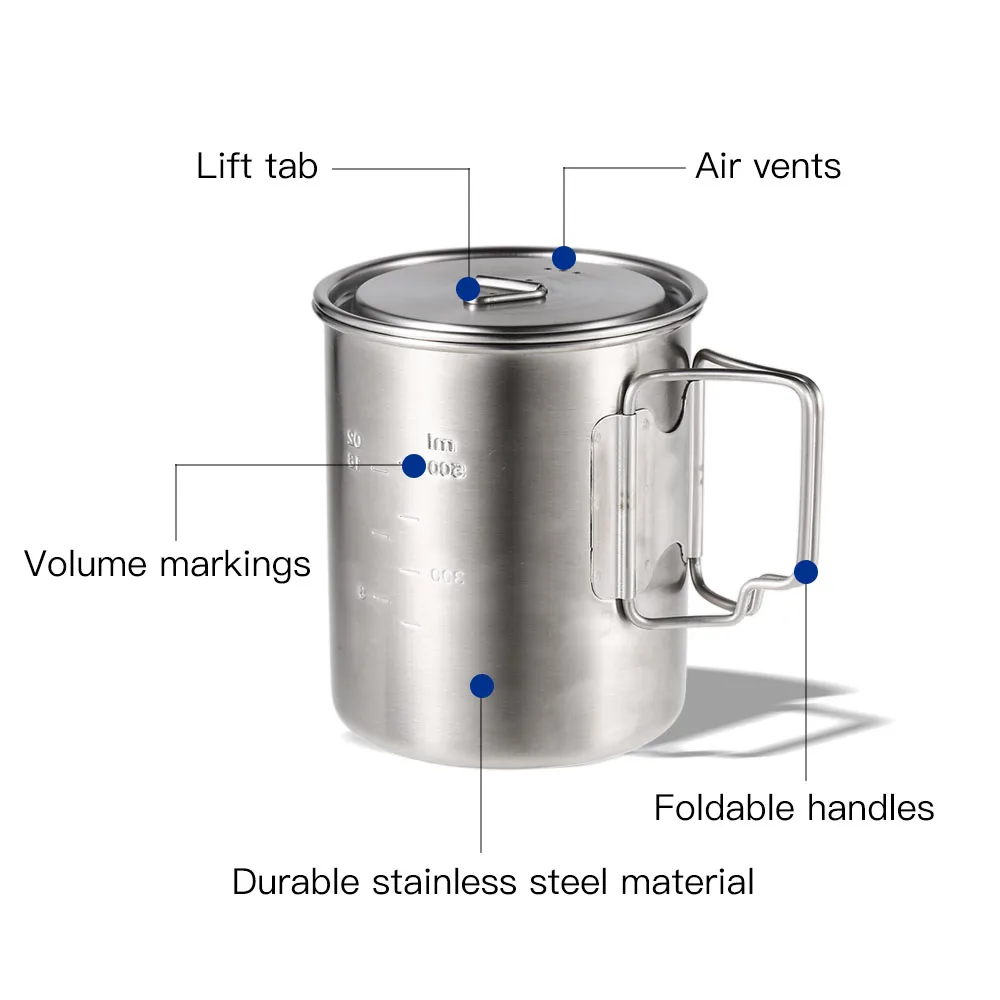 Lixada 750 ml Becher für den Außenbereich, Edelstahl, Wasserbecher mit faltbaren Griffen und Deckel für Camping, Wandern, Rucksackreisen