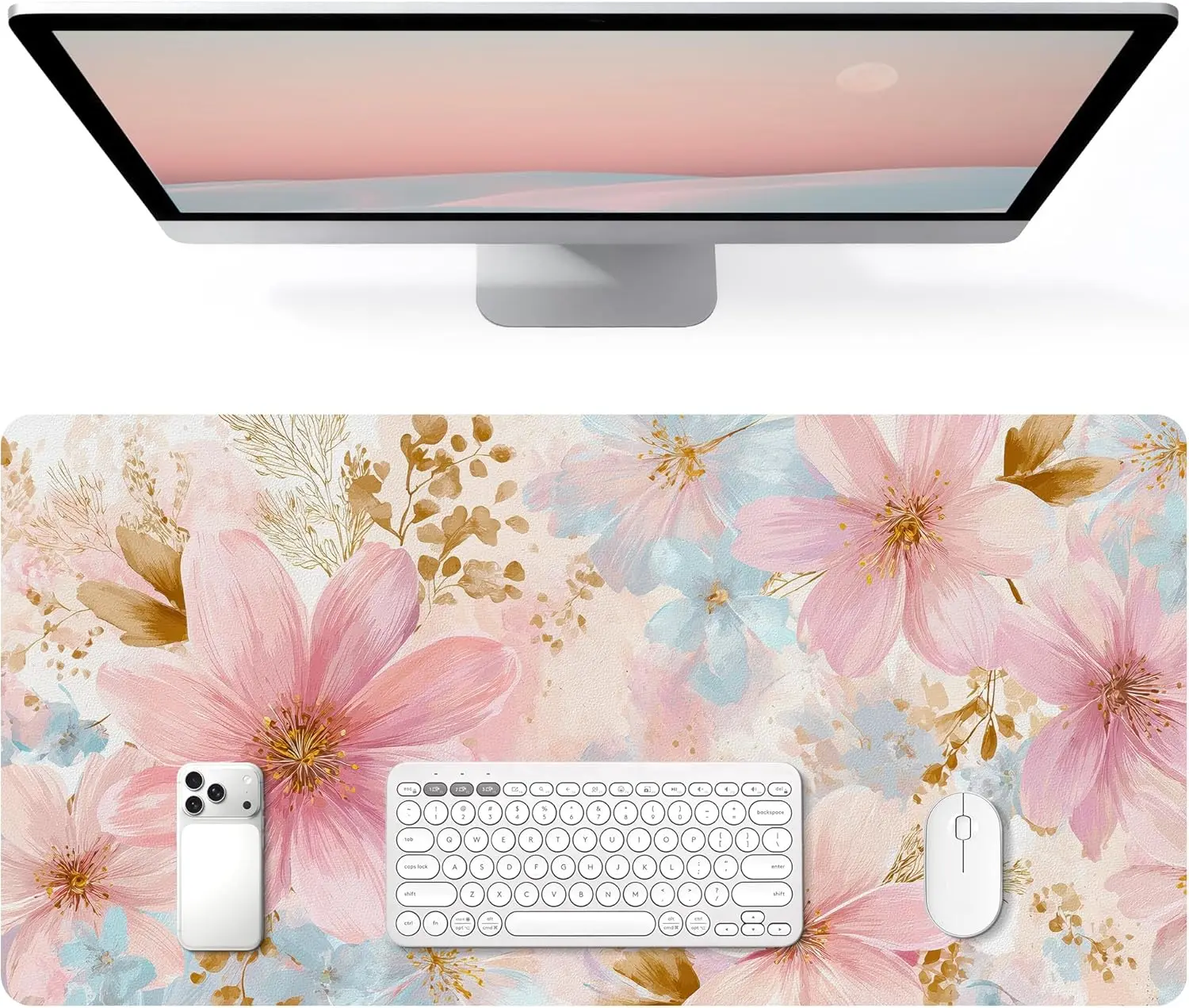 

Настольный коврик с акварельным цветочным принтом в пастельных тонах (розовый, синий), 80x40 см, из искусственной кожи, нескользящий, для клавиатуры и мыши, для офиса и игр