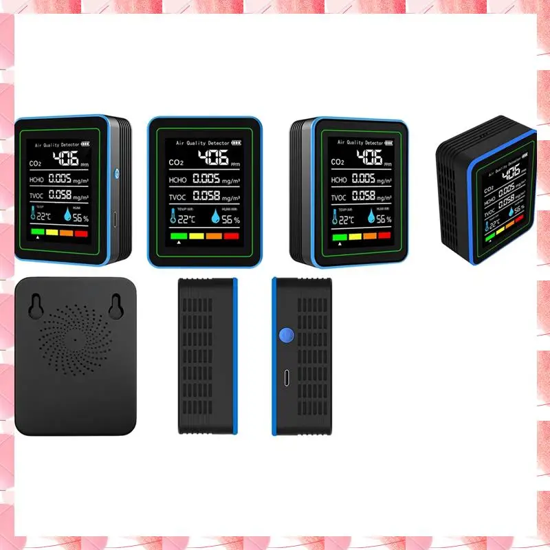 JAJA 5 In 1 Air Quality Monitor TVOC HCHO Temperature Humidity CO2 Meter, USB Rechargeable CO2 Detector