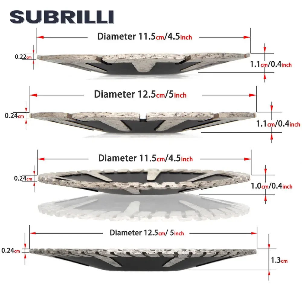 SUBRILLI Pisau Gergaji Cekung Berlian, Gergaji Berlian 115/125/180Mm Diska Pemotong Melengkung Pelek Turbo Pelindung Segmentasi Gigi Cembung Berlian