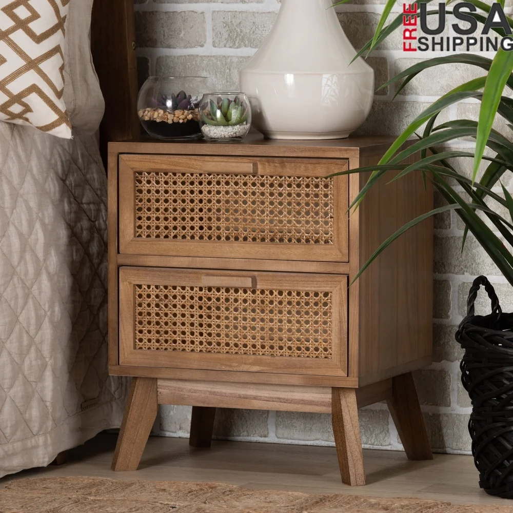 

Mid-Century Modern Walnut Brown Wood End Table with Rattan Drawers Indoor Storage Sleek Angled Legs Assembly Required