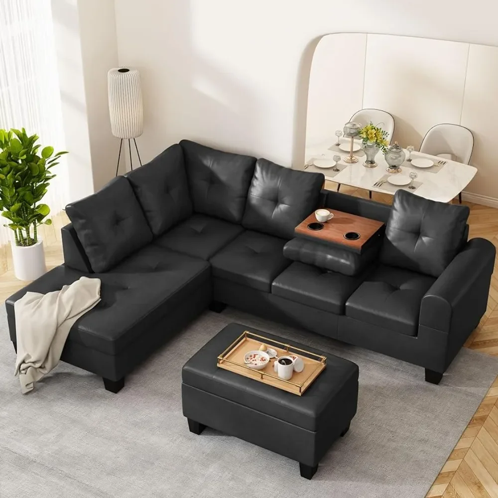 

Sectional Sofa, L Shape Sofa, Left Recliner and Storage Footstool, Small PU Leather Living Room Sofa Sectional,