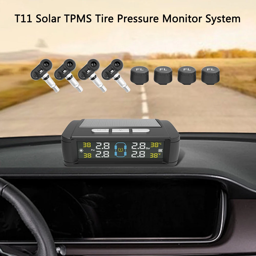 Systèmes d'alarme de sécurité automobile, moniteur de température des pneus, système de surveillance de la pression des pneus, 4 capteurs TPMS pour voiture, alimenté par énergie solaire/USB