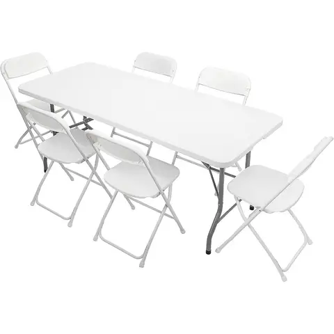 6 FT Plastic Folding Table Set with 6 White Folding Chairs for Picnic, Event, Training, Outdoor Activities, at Home and Commerc